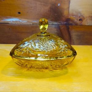 VINTAGE Hazel Atlas Glass Dish Gold Stars Amber Triangle Covered Candy Dish.